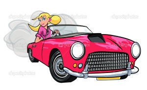 Cartoon of blonde girl driving a sports car isolated on white